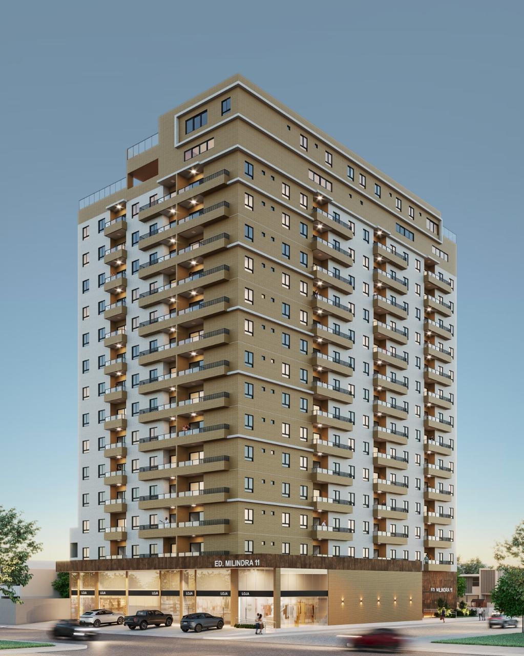 Fachada lateral do Milindra 11 com sacadas amplas e revestimento contemporâneo